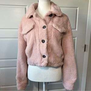Fuzzy Teddy Bear Jacket Cropped Sherpa Coat‎ Warm Winter Pink Size Small